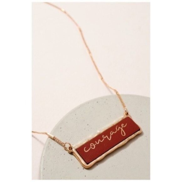 Courage Bar Charm Necklace Faux Leather Gold New Layering Brown Nickel Free - Picture 3 of 3
